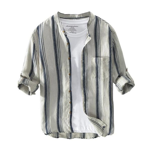 men's casual shirts long sleeve shirt for men striped mandarin collar classic male 100% pure linen slim fit button up vintage clothes, White;black
men's casual shirts long sleeve shirt for men striped mandarin collar classic male 100% pure linen slim fit button up vintage clothes, White;black