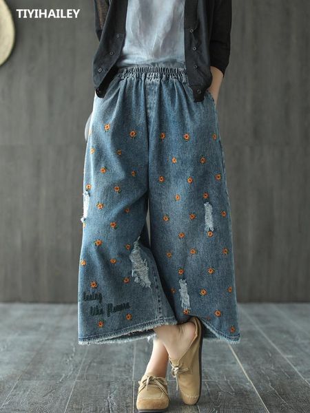 women's jeans tiyihailey 2021 wide leg ankle length women trousers denim elastic waist casual embroidery pants with holes, Blue
women's jeans tiyihailey 2021 wide leg ankle length women trousers denim elastic waist casual embroidery pants with holes, Blue