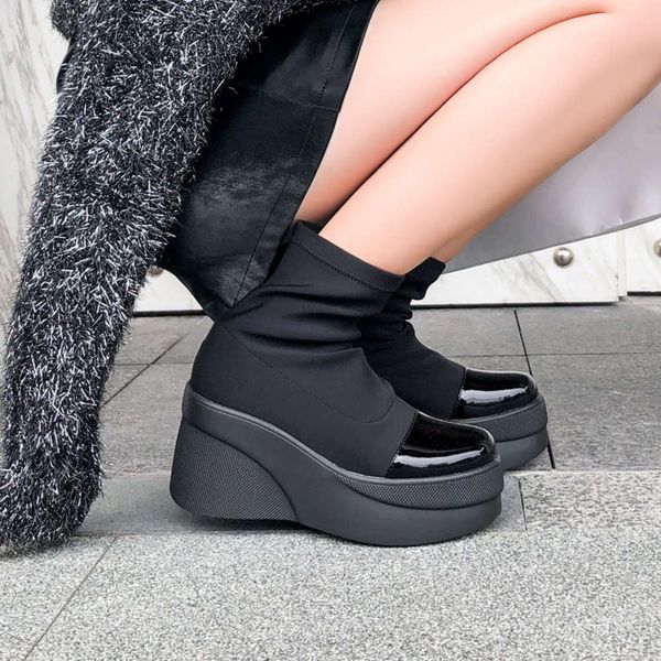 autumn and winter fashion slope heel round head thick bottom low tube short boots elastic simple leisure sleeve women's sho, Black
autumn and winter fashion slope heel round head thick bottom low tube short boots elastic simple leisure sleeve women's sho, Black