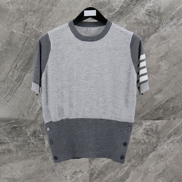 2021 summer new tb color blocking round neck short four bar five point sleeve thin comfortable knitted air conditioning shirt top, White
2021 summer new tb color blocking round neck short four bar five point sleeve thin comfortable knitted air conditioning shirt top, White