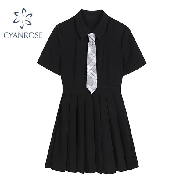 black short sleeve preppy style women's dress summer pleated slim high waist fashion casual female 210430, Black;gray
black short sleeve preppy style women's dress summer pleated slim high waist fashion casual female 210430, Black;gray