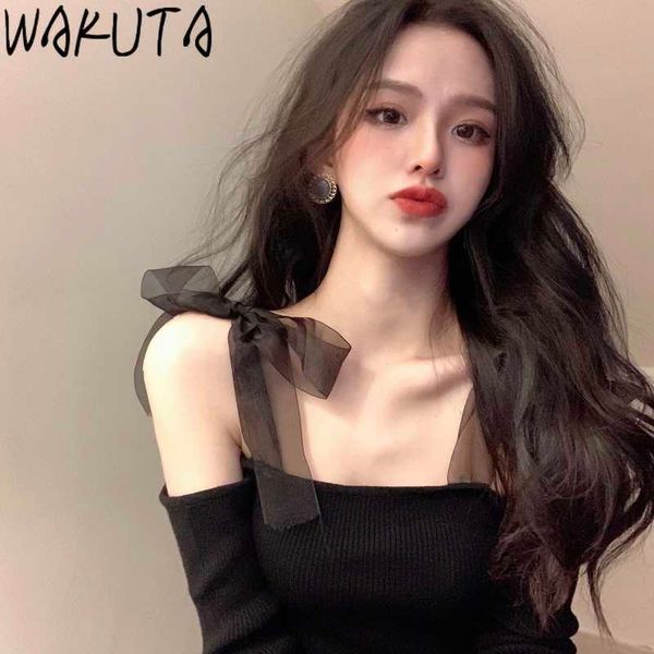wakuta korean girls knitted mesh bow tie off shoulder black pullovers skinny elegant short jumper womens clothes 211012, White;black
wakuta korean girls knitted mesh bow tie off shoulder black pullovers skinny elegant short jumper womens clothes 211012, White;black