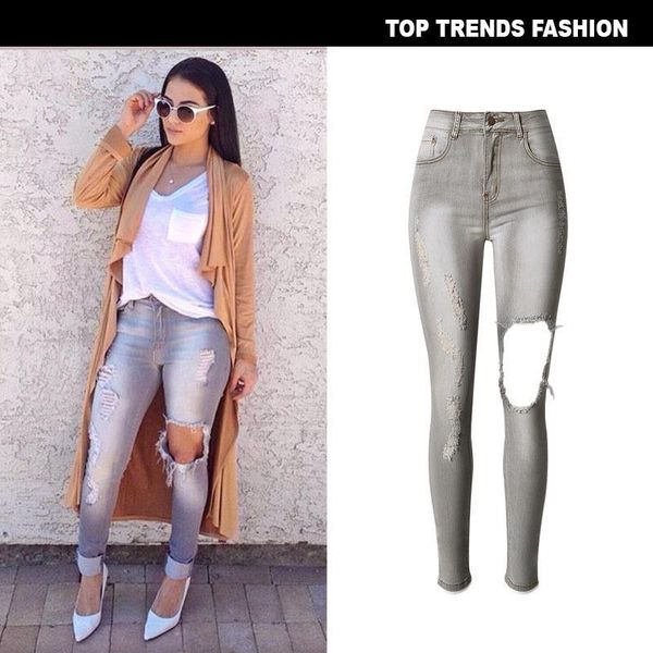 europe and the united states women's high waist elastic slim wear holes elegant gray big size street pat jeans, Blue
europe and the united states women's high waist elastic slim wear holes elegant gray big size street pat jeans, Blue