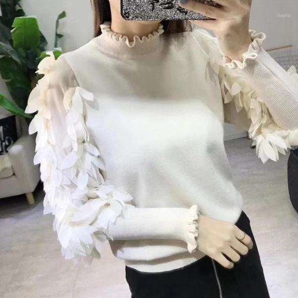 women's sweaters women solid color ruffled mock neck long petal puff sleeve knit pullover sweater, White;black
women's sweaters women solid color ruffled mock neck long petal puff sleeve knit pullover sweater, White;black
