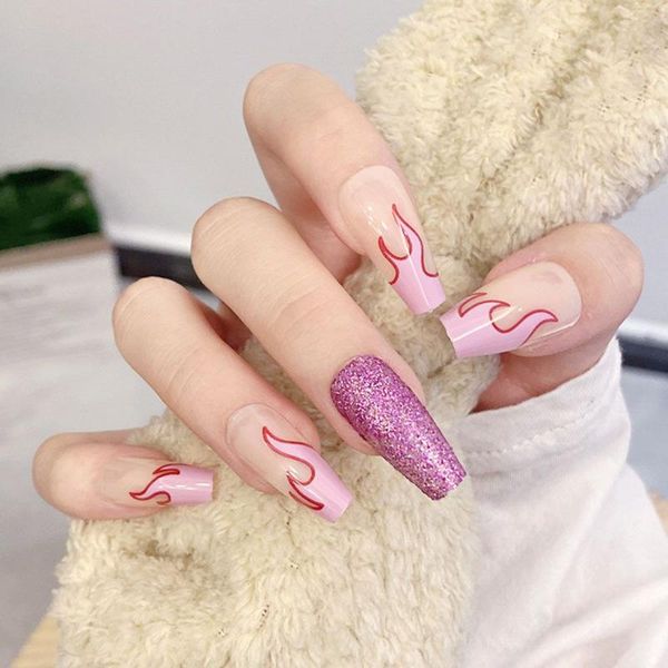 false nails 24pcs/box detachable long coffin with purple flame design wearable ballerina fake full cover nail tips, Red;gold
false nails 24pcs/box detachable long coffin with purple flame design wearable ballerina fake full cover nail tips, Red;gold