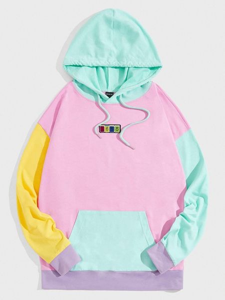 men colorblock embroidery patched kangaroo pocket drawstring hoodie n9mm#, Black
men colorblock embroidery patched kangaroo pocket drawstring hoodie n9mm#, Black