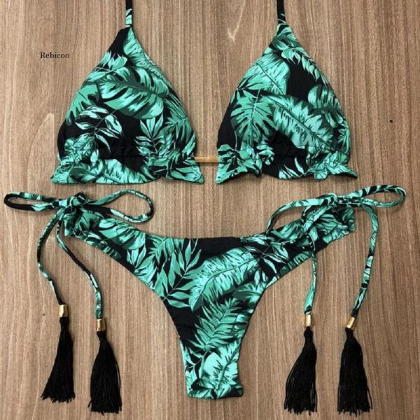 women's swimwear halter swimsuit women thong micro bikini string padded brazilian bandage tropical plant print, White;black
women's swimwear halter swimsuit women thong micro bikini string padded brazilian bandage tropical plant print, White;black