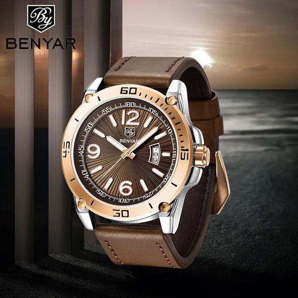 wristwatches benyar 2021 sports quartz watch for men fashion simplicity the mens' watches full calendar stainless steel relogio masculi, Slivery;brown 
wristwatches benyar 2021 sports quartz watch for men fashion simplicity the mens' watches full calendar stainless steel relogio masculi, Slivery;brown