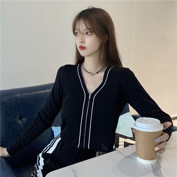 luxury jackets high waist short v-neck long sleeve women's autumn 2021 color contrast slim double zipper knitted cardigan coat, Black;brown 
luxury jackets high waist short v-neck long sleeve women's autumn 2021 color contrast slim double zipper knitted cardigan coat, Black;brown