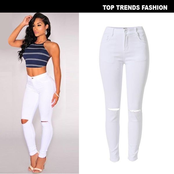 high waist slim elastic denim knee hole pants are available in large sizes, Blue