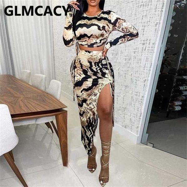 women two piece dress suits long sleeve crop & high slit midi skirt set 211216, White
women two piece dress suits long sleeve crop & high slit midi skirt set 211216, White