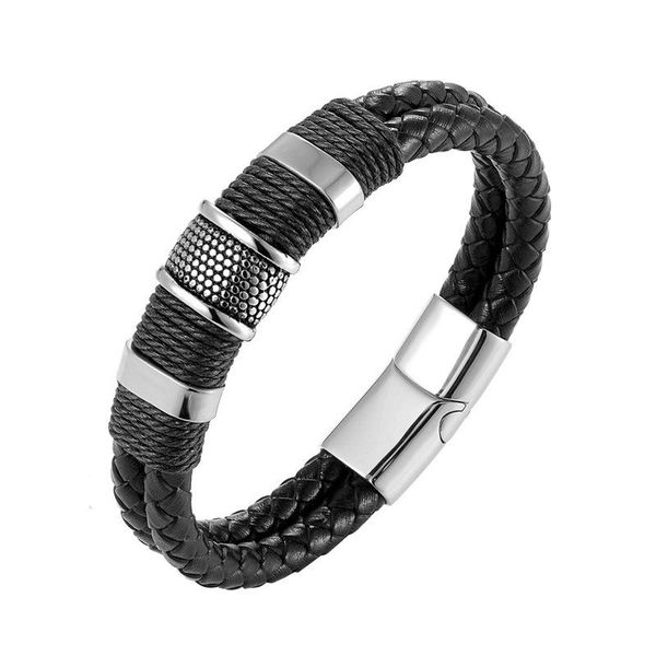 bangle fashion men's handmade bracelet leather double braided chain stainless steel buckle wrist jewelry, Black
bangle fashion men's handmade bracelet leather double braided chain stainless steel buckle wrist jewelry, Black