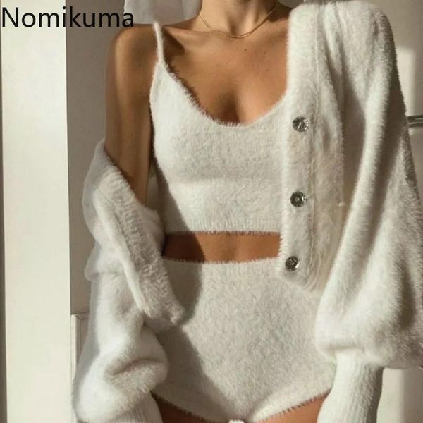 women's tracksuits nomikuma korean mohair 3 pieces sweater sets long sleeve v-neck knitted coat + sleeveless vest high waist shorts 6c5, Gray
women's tracksuits nomikuma korean mohair 3 pieces sweater sets long sleeve v-neck knitted coat + sleeveless vest high waist shorts 6c5, Gray