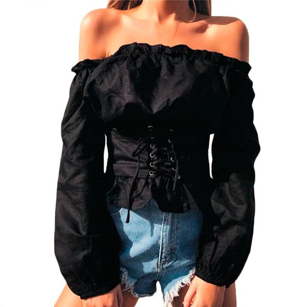 women's blouses & shirts fashion women laides long sleeve autumn spring off shoulder lace up waist corset bandage solid, White
women's blouses & shirts fashion women laides long sleeve autumn spring off shoulder lace up waist corset bandage solid, White