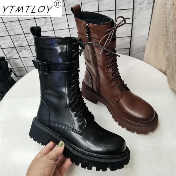 boots women's autumn and winter boots, leather soft mid-tube lace-up shoes, flat platform round toe, Black
boots women's autumn and winter boots, leather soft mid-tube lace-up shoes, flat platform round toe, Black