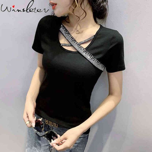 women's t-shirt summer european style fashion hollow out shiny diamond women casual all match bottoming shirt tees t1390, White
women's t-shirt summer european style fashion hollow out shiny diamond women casual all match bottoming shirt tees t1390, White