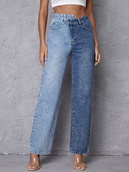 notch waist two tone jeans 32xg#, Blue