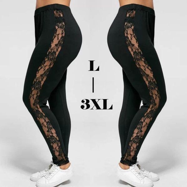 women's leggings plus size women holllow out lace high waist bandage pants insert sheer viscose elastane, Black
women's leggings plus size women holllow out lace high waist bandage pants insert sheer viscose elastane, Black
