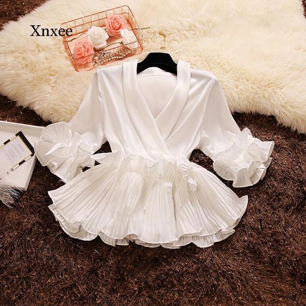 women's blouses & shirts spring autumn female deep v-neck ruffles lace up stain shirt three quarter sleeve women clothing s-xl, White
women's blouses & shirts spring autumn female deep v-neck ruffles lace up stain shirt three quarter sleeve women clothing s-xl, White