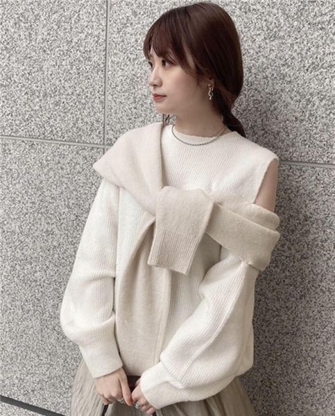 women cold shoulder puff sleeve two-in-one knitting sweater pullover women's sweaters, White;black
women cold shoulder puff sleeve two-in-one knitting sweater pullover women's sweaters, White;black