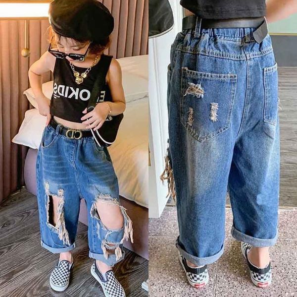 fashion kids girls korean style holded denim pants with belt jeans, Blue