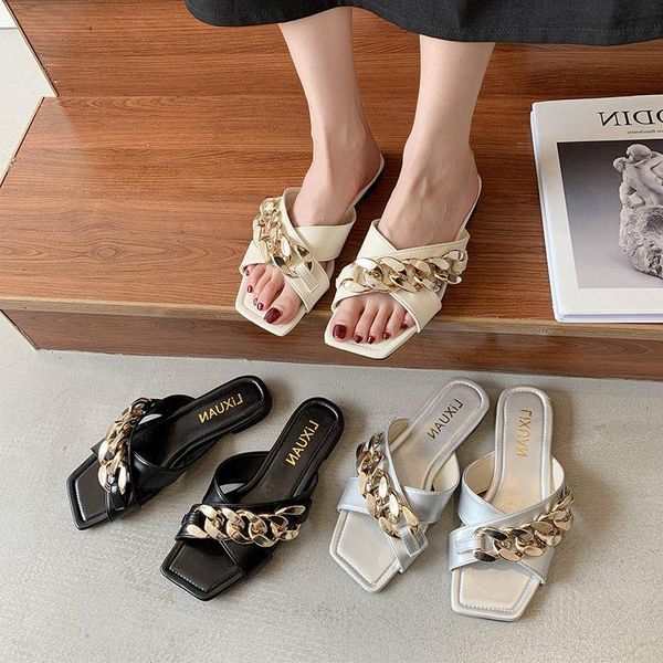 women slippers summer fashion decoration chain design cross upper open toe flat sandals solid color outdoor shoes, Black
women slippers summer fashion decoration chain design cross upper open toe flat sandals solid color outdoor shoes, Black