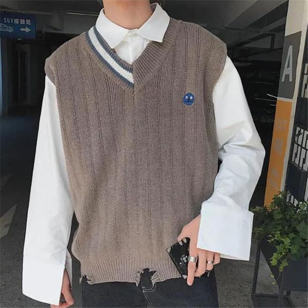 men's vests harajuku men sweater vest fashion v-neck pullover male solid loose sleeveless knitted casual wild knitwear 2021 autumn, Black;white