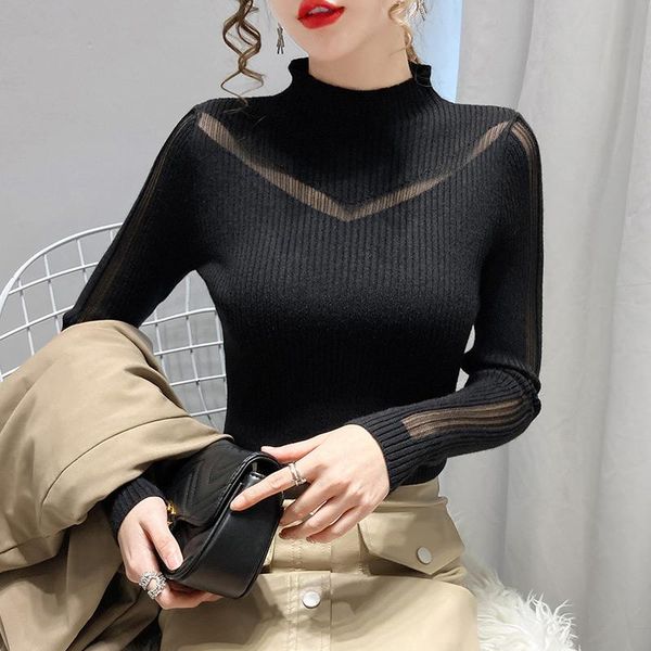 women's sweaters fall winter knitted sweater patchwork transparent half turtleneck pullovers women long sleeve 2021, White;black
women's sweaters fall winter knitted sweater patchwork transparent half turtleneck pullovers women long sleeve 2021, White;black