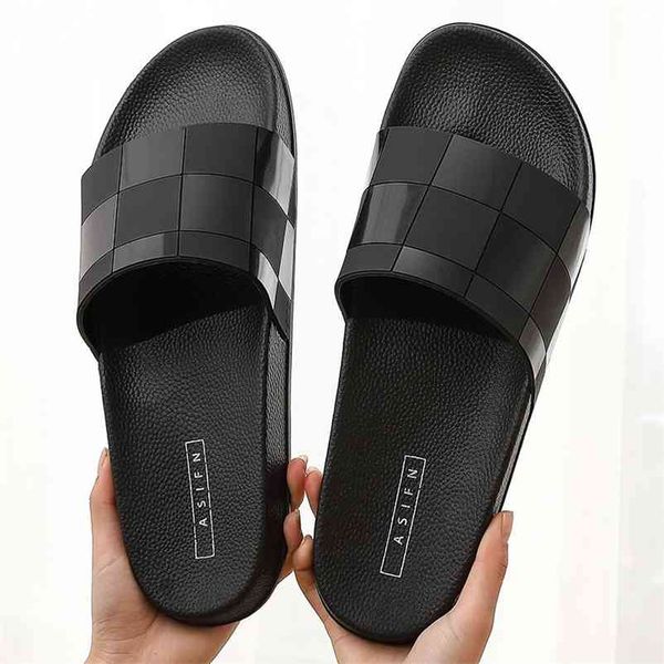brand cube designer black indoor men slippers house bathroom non-slip flat couples shoes for male pvc home bedroom slides 210622