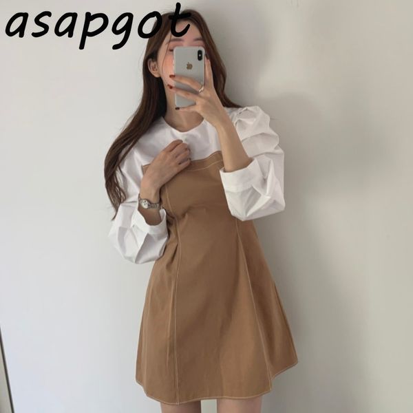 autumn vintage plus size casual dress short contrast color o neck puff sleeve patchwork vestido de mujer chic korea fashion 210429, Black;gray 
autumn vintage plus size casual dress short contrast color o neck puff sleeve patchwork vestido de mujer chic korea fashion 210429, Black;gray
