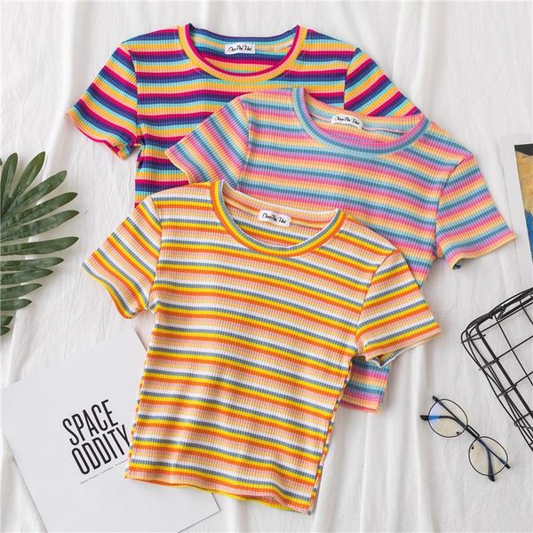 women's t-shirt women cotton rainbow striped harajuku tshirt summer short sleeve navel skinny stitching korean punk crop woman, White
women's t-shirt women cotton rainbow striped harajuku tshirt summer short sleeve navel skinny stitching korean punk crop woman, White