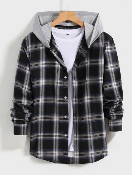 men plaid hooded shirt x9zc#, White;black
men plaid hooded shirt x9zc#, White;black