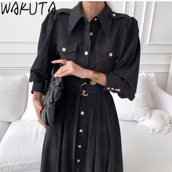 casual dresses wakuta single breasted ladies elegant long dress slim waist solid color korean trendy vintage robe chic woman clothes, Black;gray
casual dresses wakuta single breasted ladies elegant long dress slim waist solid color korean trendy vintage robe chic woman clothes, Black;gray