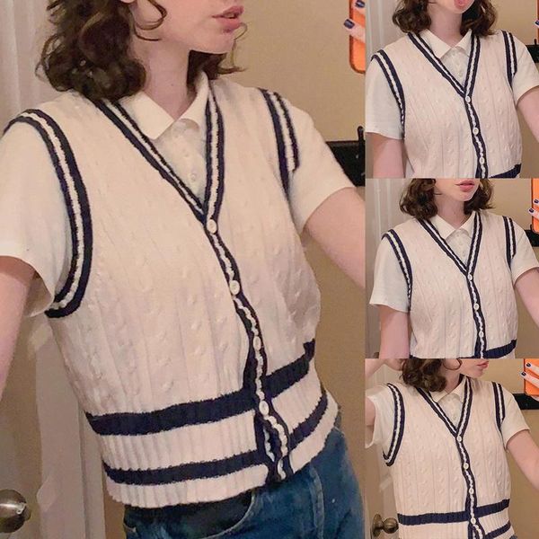 women's vests fashion women knitted sleeveless vest v-neck single breasted button sweater preppy style contrast color striped slim crop, Black;white
women's vests fashion women knitted sleeveless vest v-neck single breasted button sweater preppy style contrast color striped slim crop, Black;white