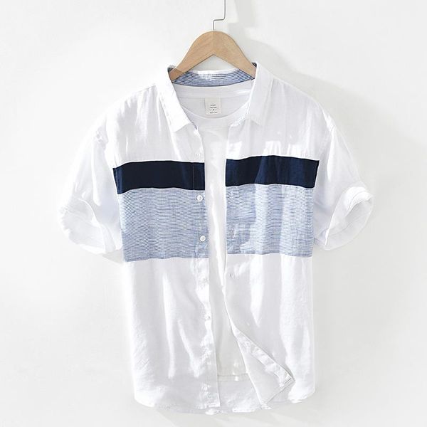 men's casual shirts pure linen short sleeve shirt for men summer japan fashion male breathable vintage striped patchwork button up, White;black
men's casual shirts pure linen short sleeve shirt for men summer japan fashion male breathable vintage striped patchwork button up, White;black
