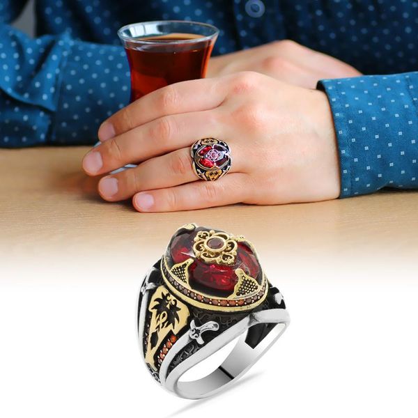 cluster rings tesbihane sword themed facet cut red zircon stone 925 sterling silver men 's ring, Golden;silver
cluster rings tesbihane sword themed facet cut red zircon stone 925 sterling silver men 's ring, Golden;silver