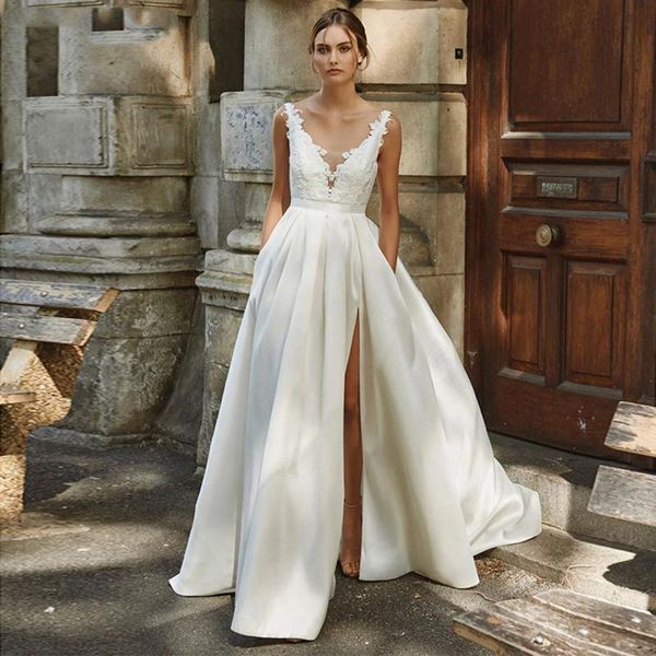 other wedding dresses elegant satin appliqued dress party gowns deep v-neck 2021 high slit open back bow beach custom made bridal robe, White
other wedding dresses elegant satin appliqued dress party gowns deep v-neck 2021 high slit open back bow beach custom made bridal robe, White