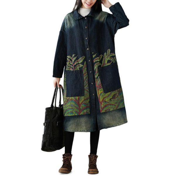 women's trench coats fairynatural denim casual british female print loose long clothing women streetwear harajuku retro windbreaker, Tan;black