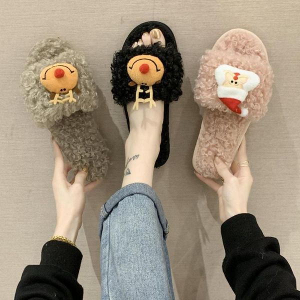 autumn and winter cartoon christmas plush slippers women's one-word drag flat with daily home wear cotton, Black 
autumn and winter cartoon christmas plush slippers women's one-word drag flat with daily home wear cotton, Black