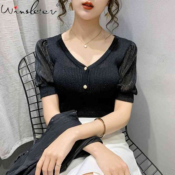 women's t-shirt summer korean clothes knit t-shirt v-neck button women puff short sleeve shiny pullover elastic tees t13, White
women's t-shirt summer korean clothes knit t-shirt v-neck button women puff short sleeve shiny pullover elastic tees t13, White