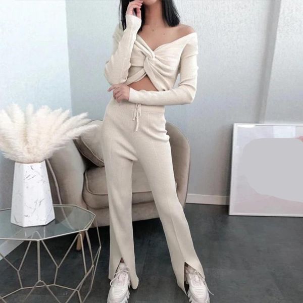 women's two piece pants split sets knit knotted v-neck solid ladies suit long sleeve pullover spring homewear casual fashion, White
women's two piece pants split sets knit knotted v-neck solid ladies suit long sleeve pullover spring homewear casual fashion, White