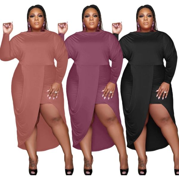 plus size dresses fuchsia fake two pieces autumn winter dress clothing, Black