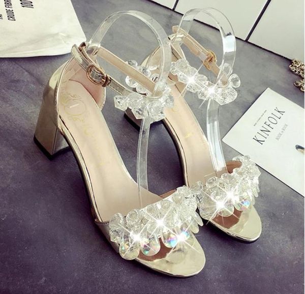 brand women's leather ladies sandals square high heel shoes summer casual gold, silver, Black