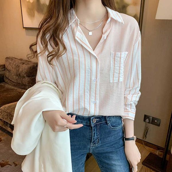 women's blouses & shirts color matching vertical stripe shirt long sleeve 2021 spring korean loose casual, White 
women's blouses & shirts color matching vertical stripe shirt long sleeve 2021 spring korean loose casual, White