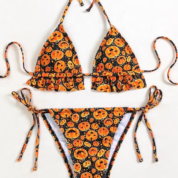 women's swimwear ruffle bikinis 2021 print halloween swimsuit women bathing suit mujer halter string female triangle 2 pieces set, White;black
women's swimwear ruffle bikinis 2021 print halloween swimsuit women bathing suit mujer halter string female triangle 2 pieces set, White;black