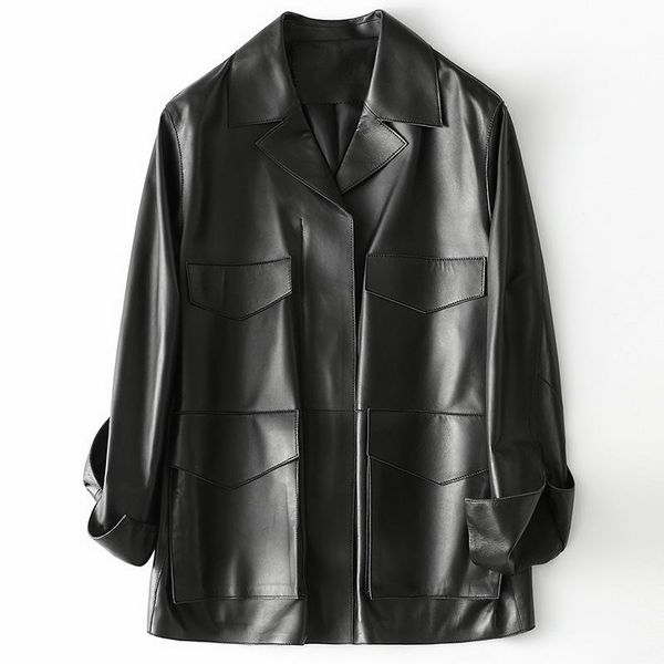 women's leather & faux real sheepskin turn-down collar coats jackets genuine loose casual outwear fashion pocket overcoats, Black
women's leather & faux real sheepskin turn-down collar coats jackets genuine loose casual outwear fashion pocket overcoats, Black