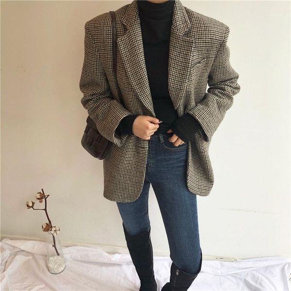 women's suits & blazers hzirip retro slender office lady oversize vintage houndstooth woolen casual 2021 belt sashes femme fashion loos, White;black
women's suits & blazers hzirip retro slender office lady oversize vintage houndstooth woolen casual 2021 belt sashes femme fashion loos, White;black