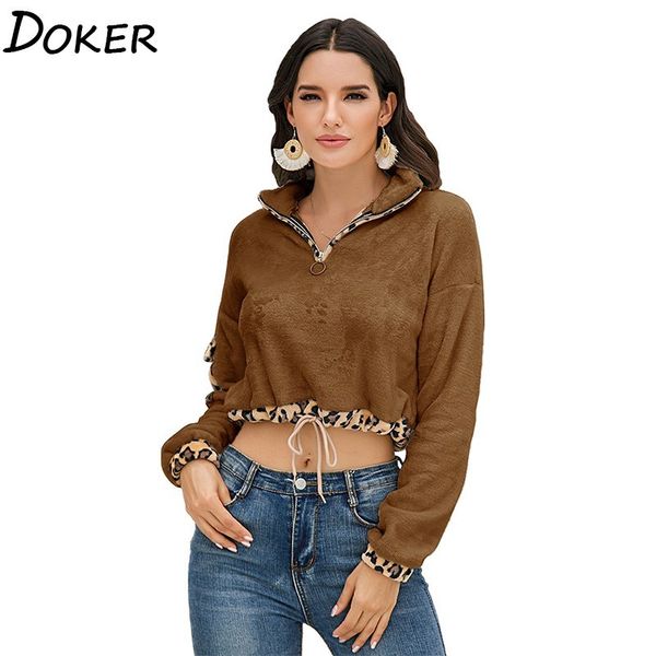 autumn and winter leopard short sweatshirts women long sleeve zipper plush warm pullover ladies streetwear sweatshirt 210423, Black