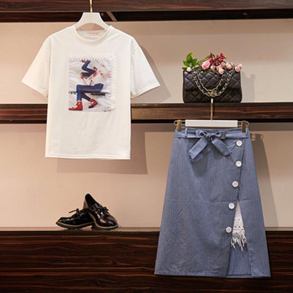 plus size summer women 2 piece set sweet print cotton short sleeve t-shirt + fashion bow stripe zipper button split skirt sets two dress, White
plus size summer women 2 piece set sweet print cotton short sleeve t-shirt + fashion bow stripe zipper button split skirt sets two dress, White