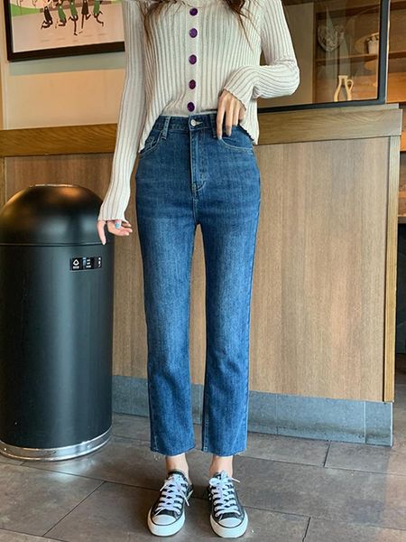 autumn and winter style street casual high-waisted stretch frayed jeans women, solid color thinner nine-point straight women's, Blue